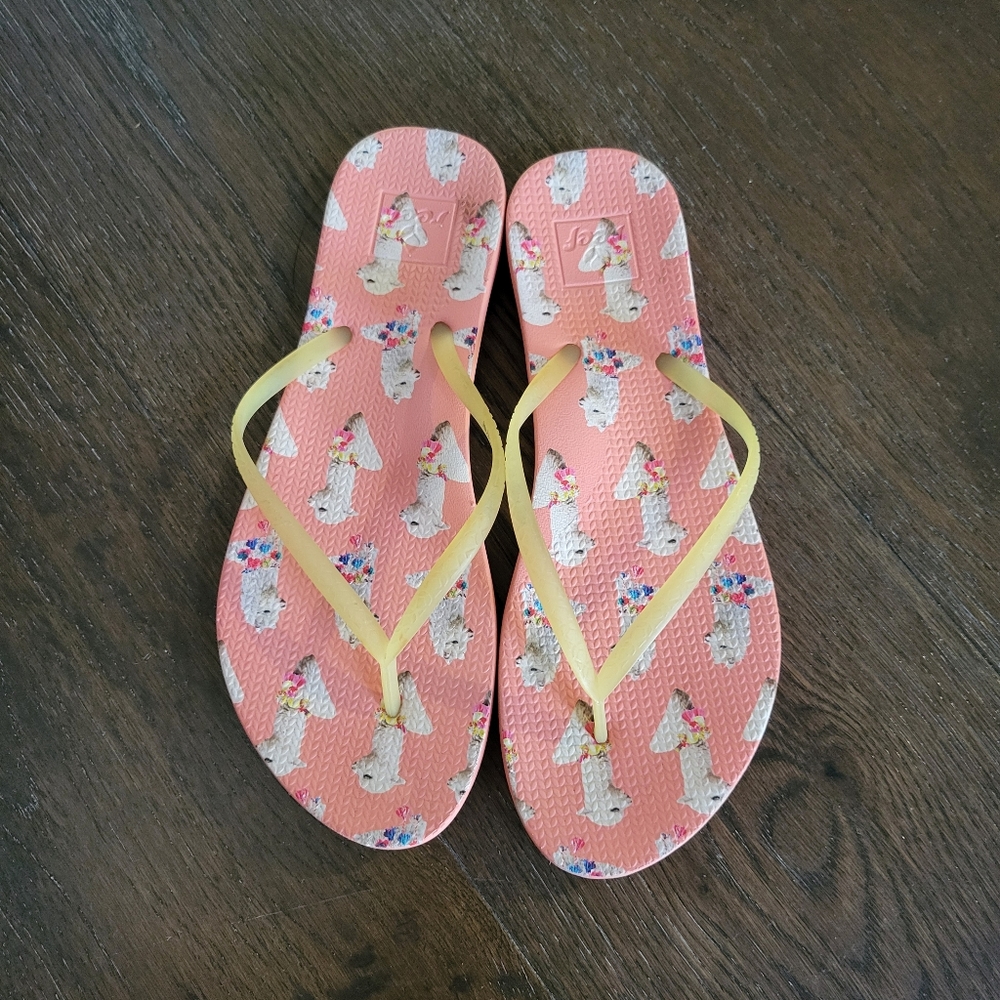 REEF Pink Llama Print and Yellow Straps Flip Flops Womens Size 6.5-7